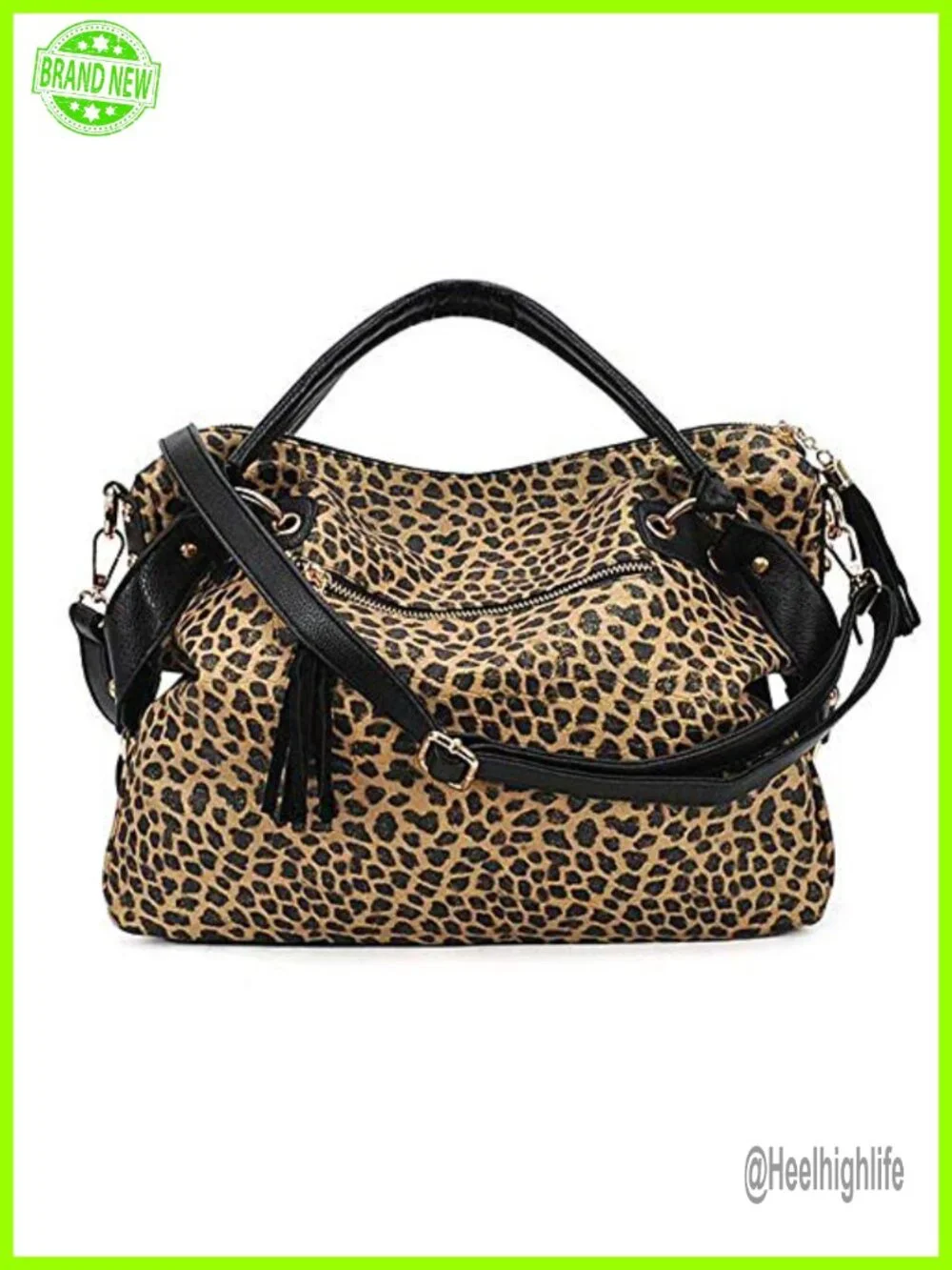 Sequined Leopard Print Faux Leather Hobo Bag with Tassels